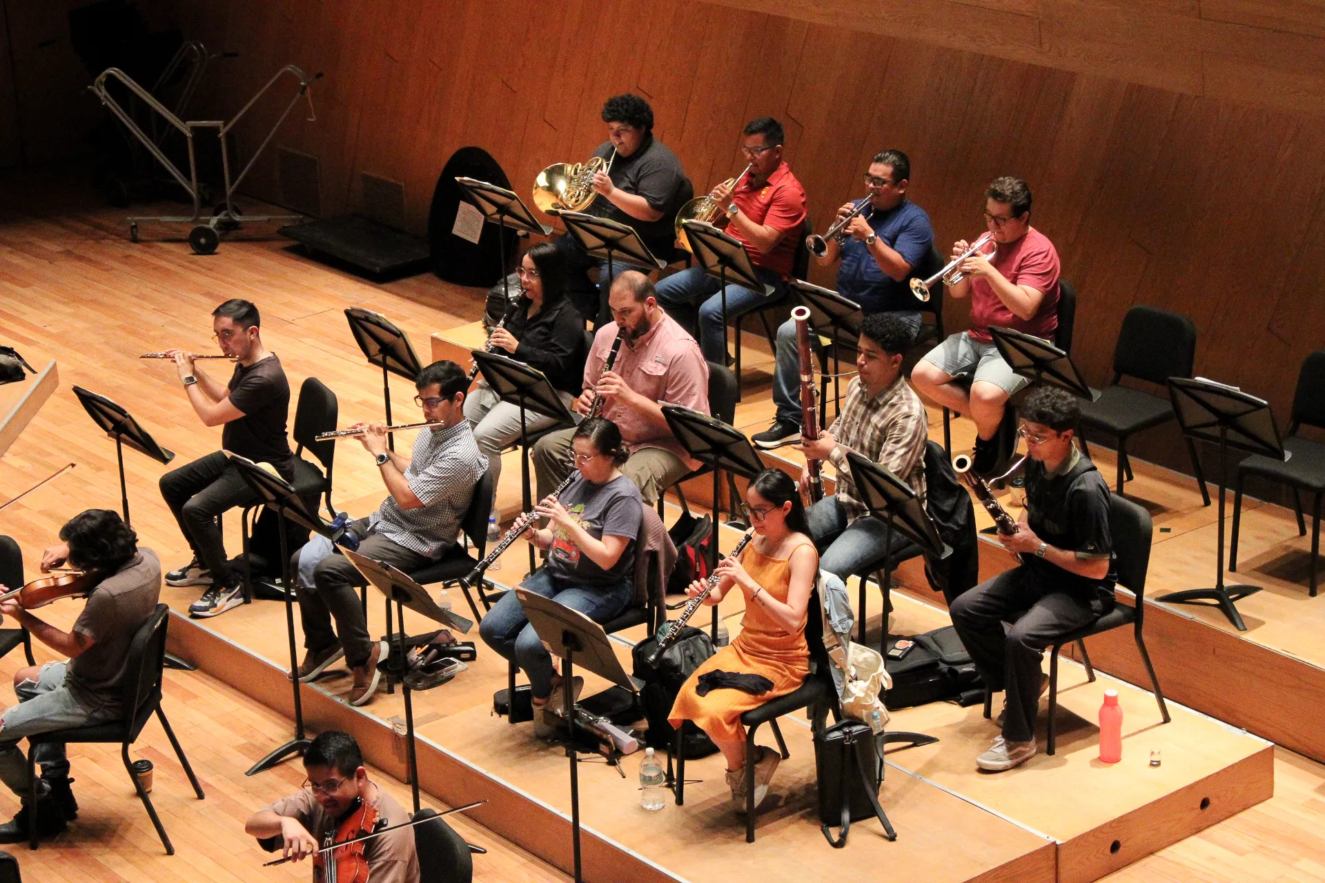 Alientos y cuerdas durante un ensayo